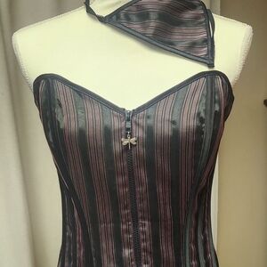 Shirley of Hollywood Black and Lavendar Zip Front Bustier With Matching Thong Sz